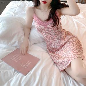 [ShiFu] Lace Womens Nightdress Girl Leopard Print Sleepwear Silk Pijama Sling Nightwear Homewear