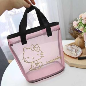 SOTOP ไนลอนทำจากไนลอน กระเป๋าสะพายไหล่ตาข่าย กระเป๋ามีช่อง โปร่งใสโปร่งใส กระเป๋าเก็บของพิมพ์ลายคิตตี้ กระเป๋าสำหรับชุดแต่งหน้า ระบายอากาศได้ระบายอากาศ กระเป๋าโท้ทตาข่าย สาวๆ