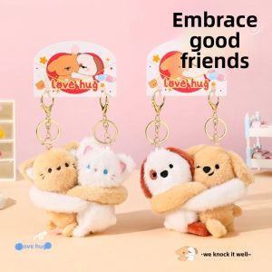LANGJ ติดได้ คู่รักพวงกุญแจการ์ตูน ตกแต่งกระเป๋าเป้ ตุ๊กตาสัตว์ ห่วงกุญแจขนฟู คาวาอี้ ของเล่นตุ๊กตา ตุ๊กตาแมวและสุนัข ความเป็นเพื่อน