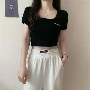 INSGOTH Casual Irregular T-Shirt Tops for Women Short Sleeves Round Neck Cropped Navel Crop Summer Clothes for Female Fashionable Sports Style