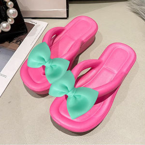 LKfashion ฮอตฮิต🔥รองเท้าหูหนีบผญแต่งโบว์สลับสีกับตัวรองเท้า รองเท้าเท้าแฟชั่นสีพื้นเรียบๆมี 4 สี รองเท้าส้นหนาน้ำหนักเบาใส่ได้ทุกโอกาส💗