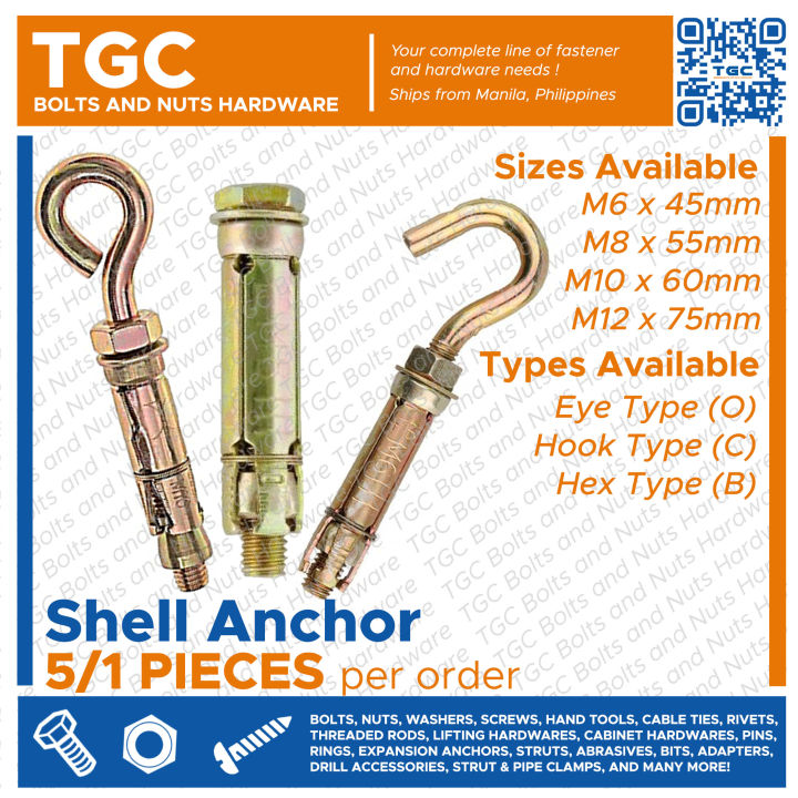 TGC 5PCS M6 M8 M10 M12 Shell Anchor Hook Type or Eye Type or Hex