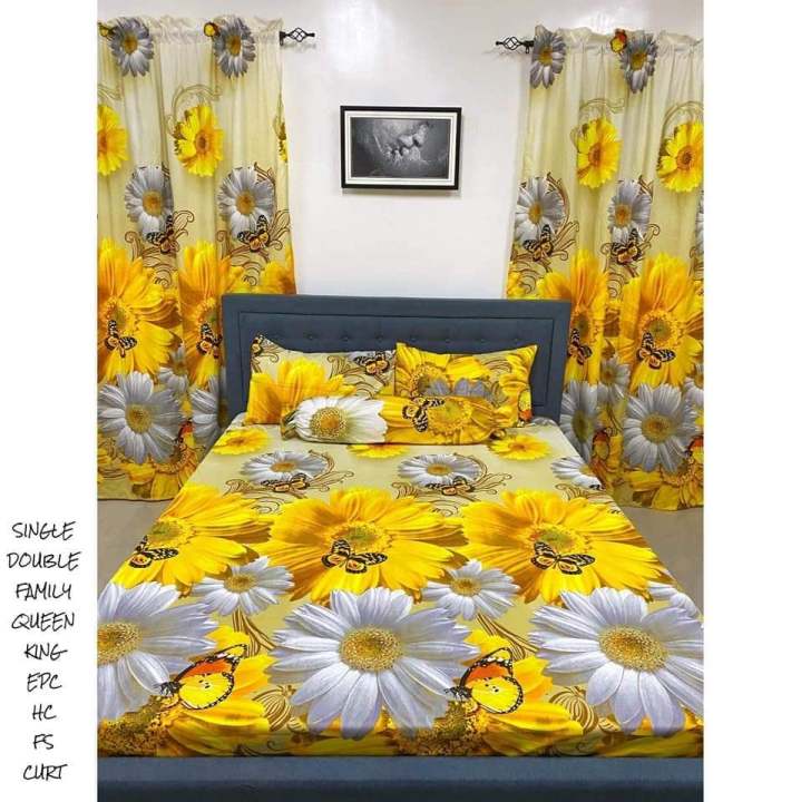 4in1 SUNFLOWER (1 Fitted BED Sheet Pillow Cases FREE 1PC Curtain 50x75)  4Corner Garterized High Quality Premium Canadian Cotton Bed Sheet