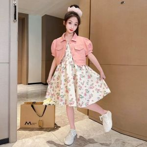 [KIDSFASHIONKOLEKSI] 1026 Dress Casual 2in1 With Crop Jeans Jacket Pink Flowers
