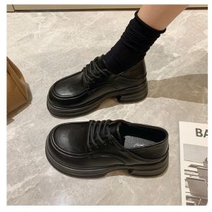 British Style Small Leather Shoes Womens Spring New Casual Shoes Womens Black Platform Loafers Lace-up Height Single Shoes