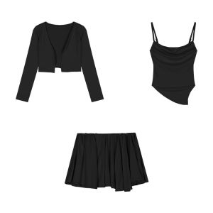 ชุดเซ็ต3ชื้น เสื้อครอปสายเดี่ยวชายเฉียง สีพื้น ปรับสายได้ + กระโปรงกางเกงเอวยางยืด ทรงเอ + เสื้อคลุมแขนยาว ผ้าร่องโพลิเอสเตอร์ ชุดโยคะ #2108