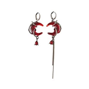 OEUVR Tassel Chain Rhinestone Moon Earrings Red Crystal Sweet Cool Jewelry Asymmetry Earrings Personality Gothic Style Women Dangle Earrings Personality Style