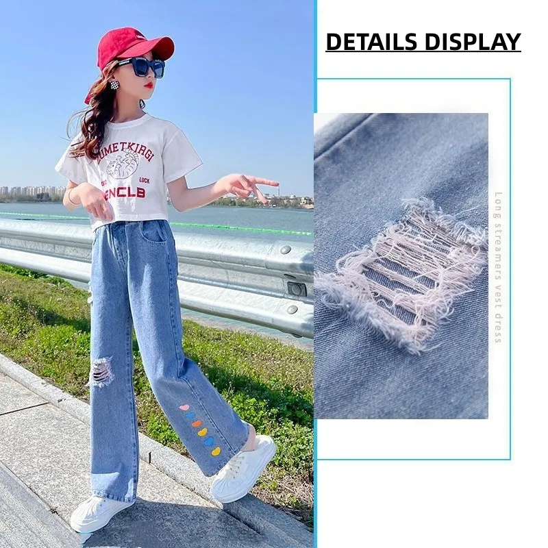 2023 Causal Pants for kids Girl Hearts Pattern Ripped Wide Leg Pants for  Kids Girl Denim Maong Pants Jeans for Kids Girl Baggy Pants for Teens Girls  12 to 15 (130-150cm)
