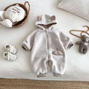 Baby Super Cute Furry Romper Little Left Little Right Winter Baby Particle Fleece Jumpsuit Newborn Hooded Clothes Trendy