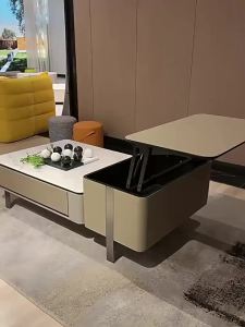 Liftable Coffee Table TV Cabinet Combination Super Crystal Coffee Table Storage Saddle Leather