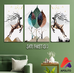 HIASAN DINDING PEMANDANGAN ABSTRAK DEER RUSA DAUN COKLAT (FULL SET ISI 3) WALL DECOR PAJANGAN DINDING POSTER KAYU RUANGAN ASTRONAUT