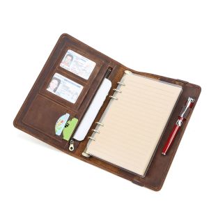 FCLiên hệ gia đình da thật A5 máy tính xách tay bìa Retro danh mục đầu tư kinh doanh với 6 giấy có vòng gắn gáy du lịch trường hợp