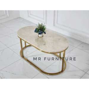 meja tamu oval top marmer krem kaki stainless gold