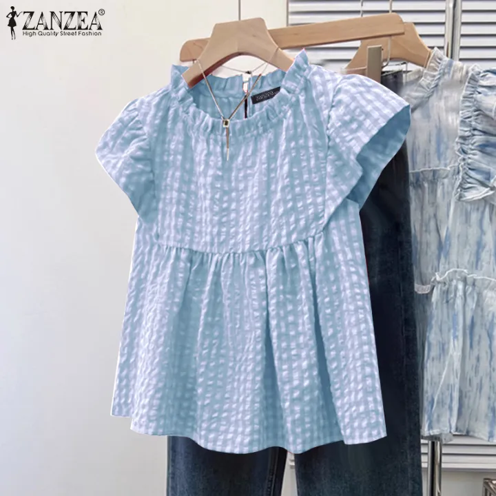 ZANZEA%20Women%20Summer%20Casual%20Crew%20Neck%20Blouses%20Cap%20Sleeve%20Plaid%20Printed%20Girlish%20Thin%20Top%20#0428%20-%20Image%203
