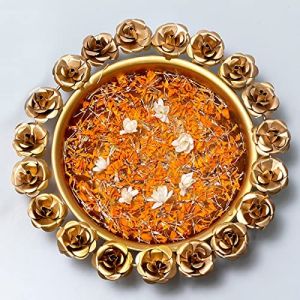 Handcrafted Rose Design Metal Urli Bowl for Floating Flowers & Tealight Candles | Diwali Pooja & Festive Home Decor (Pack of 1 Pc | Size - 9 Inch)