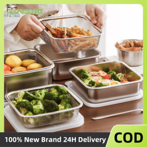 304 Stainless Steel Food Storage Container With Drain Basket Multi Size Kitchen Food Storage Dispenser Leakproof Food Keeper Refrigerator Storage Box Organizer For Fruits Vegetables Meat Fish