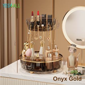 YESALL Rak Kosmetik 2 Tingkat Estetik - Tempat Makeup & Perhiasan | Tray Atas Mahkota Bawah Bisa Diputar Tiang & Pinggiran Emas