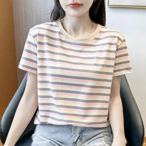 Stripe tops for women short sleeved color contrast loose casual striped round neck tshirt
