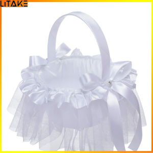 Portable Mini Wedding Flower Baskets With Bow Flower Girl Basket With Handle For Romantic Wedding Party