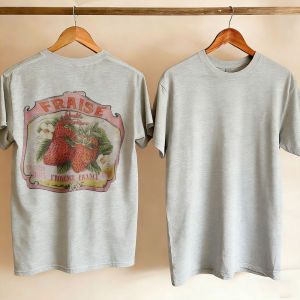 [Local Stock] HBESTY  Vintage Strawberry Label Crew Neck Short Sleeve T Shirt Provence France Framed Design Gray Oversized Casual