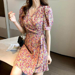Summer New Super Mori Waist Slimming V Collar Floral Large Swing Short Sleeve Dress Women ins