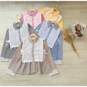 Promo!!! Arumi Blouse Salur Kombinasi Brukat Premium Kemeja Tangan Panjang Motif Stripe Terbaru