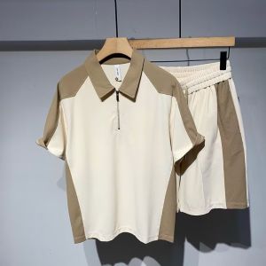Summer mens short-sleeved shorts set with a lapel collar polo Mens business casual ice silk versatile shirt T Mens patchwork fashion
