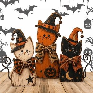 FLYING Wooden Halloween Cat Figurine Hand-Painted Finish Desktop Decoration Cat Figurine Ornament Bow Tie Design Witch Cat Decor Farmhouse Mantel Decor