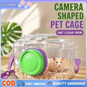 Portable Hamster Carrier Bag Camera Shape Transparent Pet Travel Cage Ventilated With Strap