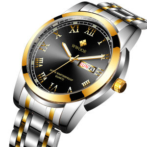 WWOOR New Original Brand Stainless Steel Mens Watch Sport Fashion Roman Numerals Design Quartz Wristwatch With Date Clock Men