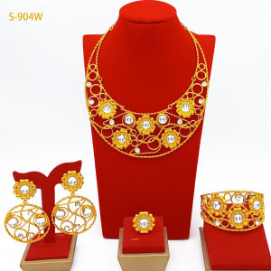 New gold-plated colored gemstone jewelry four-piece set for brides in Dubai: necklace bracelet earrings and ring jewelryset