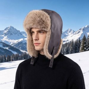 GOLFDIN Faux Fur Lined Winter Warm Hat Thick Material Faux Leather Thick Faux Fur Lined Hat Thick Ear Flap Design Snow Cap For Men
