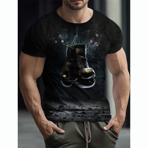 Boxing Gloves T-shirts Mens Gym Fitness Sports T-shirt Clothing O-neck Short Sleeve Retro 3D Print Casual Fashion Loose Tees