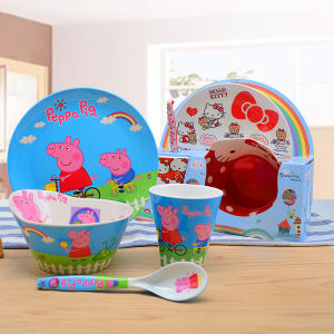 4 Pieces Set Kids Tableware Bowl Plate Spoon Cup Melamine Cartoon Dinner Set Drop Resistant Pinggan Mangkuk Set Kanak-kanak