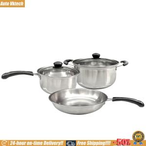 [Auto Vktech] 3Pcs Cooking Pot Set Stainless Steel Cooking Pots & Saucepan with Glass Lids and Stay Cool Handle for All Types of Cookers