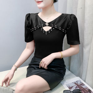 Yimei áo phiên bản Hàn Quốc tay bong bóng satin thoải mái Áo thun nữ màu đỏ ngắn tay mùa hè mới 2025 cotton