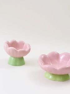 Pet Feeding Bowl Ceramic Cat Bowl Slow Feeder Raised Flower Design Water Bowl Home Use