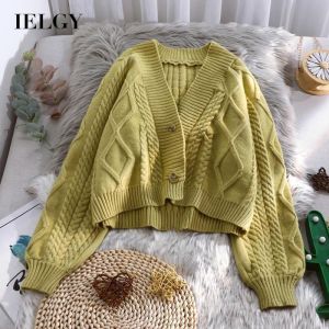 IELGY Womens Short Knit Cardigan Korean Style Loose Lantern Sleeve Top Sweater Jacket
