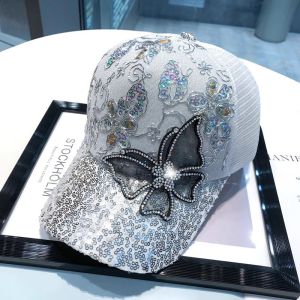 Shiny Rhinestone Butterfly Women Baseball Cap Summer Breathable  Mesh Sun Hat Glitter Sequins Ladies Girls Peaked Caps