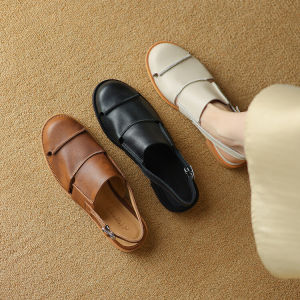 Vintage Toe Sandals Womens Summer Versatile Leather Panels Hollow Pig Cage Shoes Soft Leather Roman Shoes