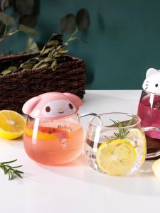 FCKawaii Sanrio Tableware Glass Cup with Lid Hello Kittys Mymelody Kuromi Cinnamoroll Cute Beauty Transparent Water Cup Girl Gift