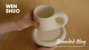 WENSHUO Ceramic Coffee Mug with Saucer Cute Chubby Cup 9 oz Matte Crème