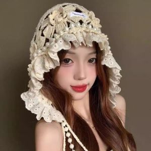 NOVELLEO Hollow Out Crochet Flower Knitted Hat Pearl Tassels Bohemian Style Lace Beanies Cute Handmade Weave Cap Apparel Accessories