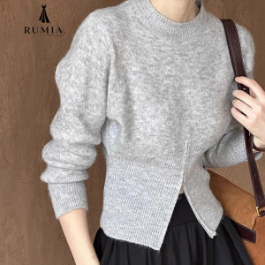 RUMIA Women Knit Sweater High Neck Long Sleeve Ribbed Slim Fit Cropped Top Waist Zipper Detail Korean Casual Fashion Sweater