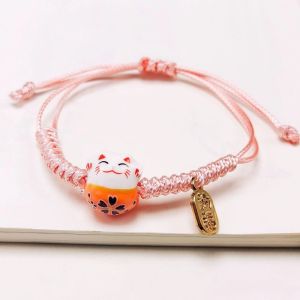 SIRENXI Dây cầm tay Vòng tay Maneki Neko Thủ công dây chuyền mèo bằng gốm Dây bện màu Đỏ Độc đáo Phong cách Trung Quốc Nhẫn đeo tay nữ Người yêu