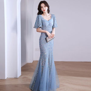 FE Evening Gown for Women 2024 New Light Luxury Minority High-End Ladies Banquet Temperament Fishtail Sequins High-Grade Host Dress