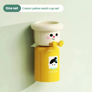 Sun Baby Magnetic Cartoon Toothbrush Cup Holder Set for kid No Drill Bathroom Organizer for Electric/Oral Care Strong Adhesive Wall Mount & Drip-Free Design Mouthwash Cup Wall-Mounted Bathroom Storage Rack for Children