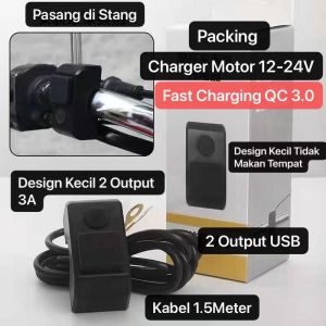 MLD-003 Charger Sepeda Motor Daya 3 Ampere Anti Air Hujan WaterProof Casan Motorbike Tombol On Off + 2 Output CY-003 Pemakaian Universal Bisa Di Stang Motor
