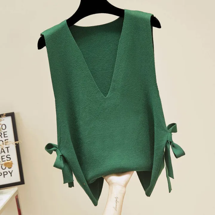 4A Shop Sweaters for Women  New Spring Autumn Korean Style Lady Solid Loose Knitted Vest Female V-Neck Bow Sleeveless Plus Size Tops