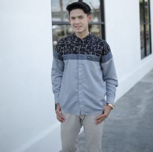 Baju Koko Kombinasi Batik Pria Dewasa Lengan Panjang Warna Cokelat